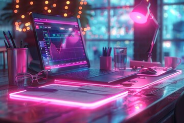 Obraz premium Neon pink light shines on a laptop with a financial chart open on the screen. AI generative. .