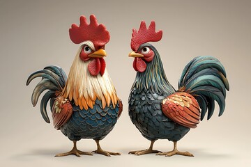 Fototapeta premium Two stylized 3D renderings of roosters facing each other, one with predominantly teal and black plumage, the other with orange and cream.
