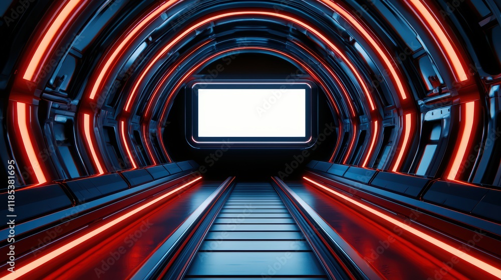 Poster futuristic tunnel with glowing lights and empty screen for display