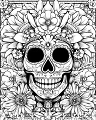 A colorful drawing of a skull with flowers and leaves surrounding it