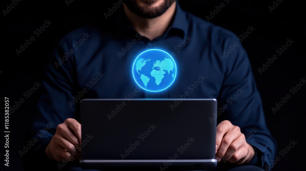 Aufkleber man using laptop with digital world globe hologram displayed above