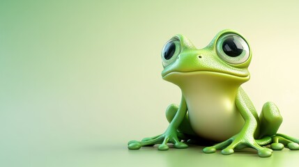 Obraz premium Adorable 3D Render of a Green Frog with Big Eyes Sitting on a Light Green Background
