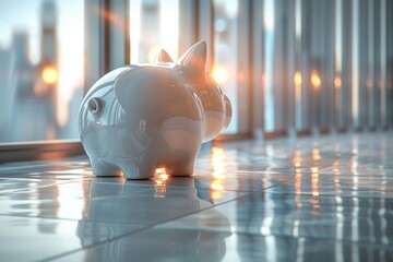 White piggy bank on shiny floor with blurred city view. AI generative. .