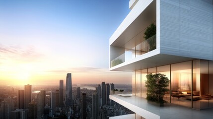 Modern architectural design showcasing a sleek balcony with stunning city skyline view during a vibrant sunset, highlighting urban living and contemporary lifestyle