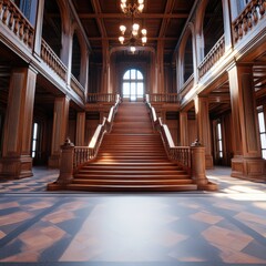 Obraz premium Grand wooden staircase in historic mansion interior with elegant chandelier