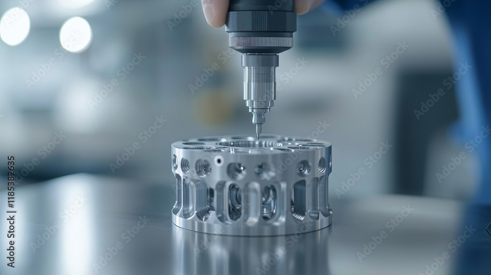 Aufkleber precision manufacturing process of a metal component being inspected with a tool in a modern worksho
