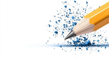 Close Up of Yellow Pencil with Blue Shavings on White Background