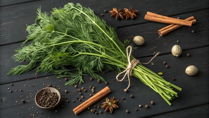 herbs and spices on wooden table