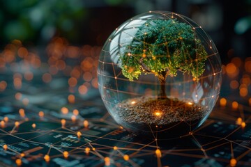 Tree in a glass sphere on a glowing, abstract, interconnected network. AI generative. .