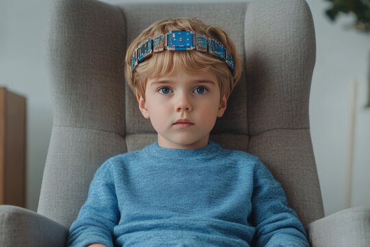 Young boy wearing a futuristic brain scanner device in a modern setting, reflecting the potential of cognitive research, neuroscience, and technology in childhood development