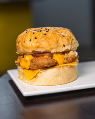 Restaurant food. Various dishes. Clubhouse, pizza, sushi. Traditional food. Fast food. Hamburger