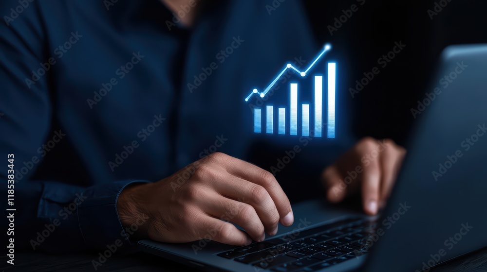Poster person working on laptop with digital graph and data analysis concept
