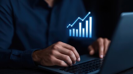 Person Working on Laptop with Digital Graph and Data Analysis Concept