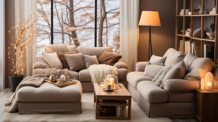 A cozy living room with a couch and a coffee table