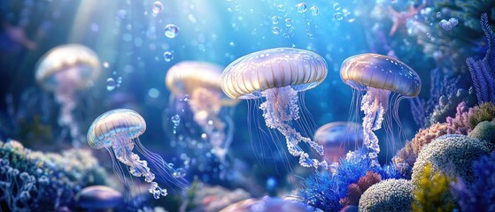 Jellyfish floating in a vibrant underwater world, glowing gently in the deep ocean