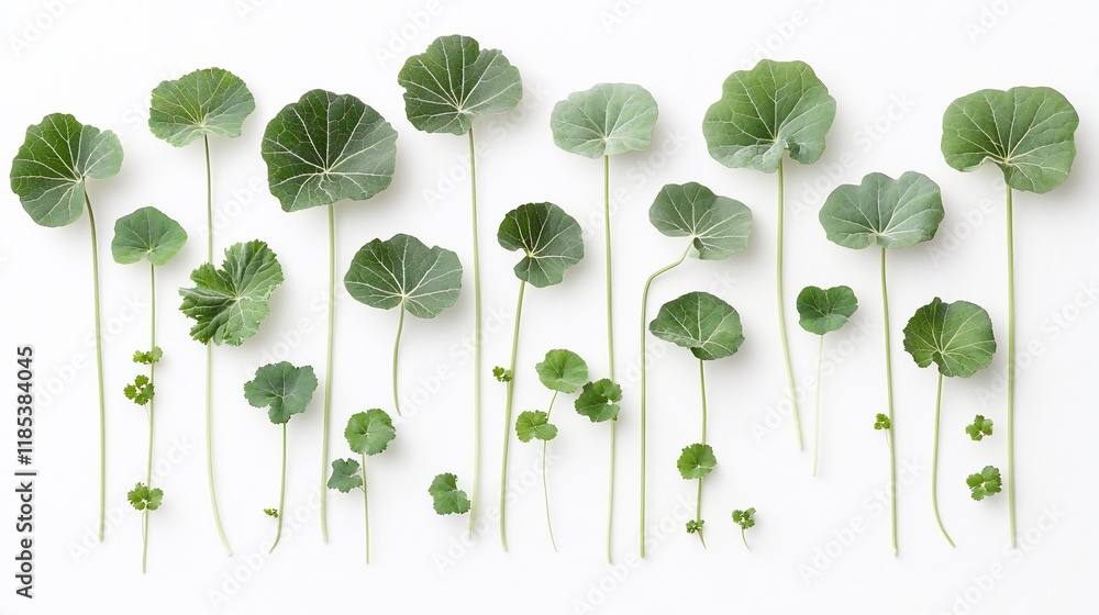 Poster a collection of green leaves arranged in a gradient pattern on a white background.