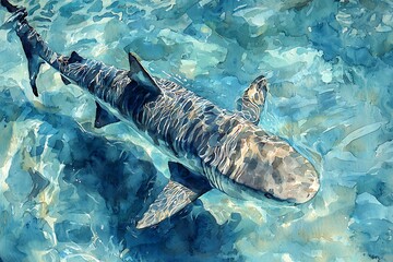 Naklejka premium Watercolor painting of a grey reef shark swimming in turquoise water.