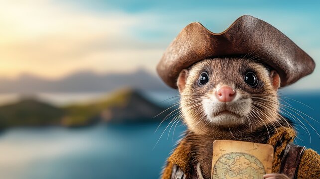 Adventurous Ferret Dressed as Pirate Holding Treasure Map at Sunset