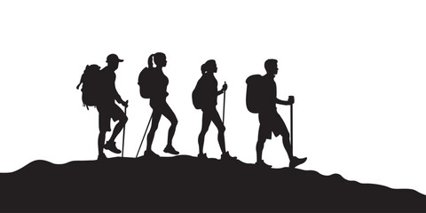A silhouette of tourist friends hiking group in the mountains vector icon illustration on white background. climber art work.