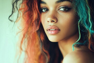 Fototapeta premium Commercial promotion creative. Gorgeous calm mixed-race girl - for ads, marketing material and internet use. Long hairdo - multicolored hair. Colored hair trends. Vibrant hairstyles trends.