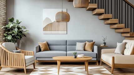 Minimalist modern living room, floating wooden staircase, light gray sofa, beige armchair, wooden coffee table, pendant lights, potted plant, white walls, interior design, Scandinavian style, cozy atm