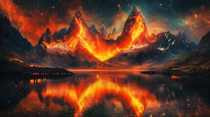 Fiery mountains reflected in a cosmic lake, creating a surreal and glowing landscape