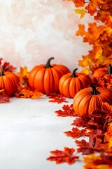 Autumn Harvest Pumpkins and Fall Leaves Composition