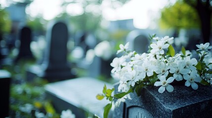 White Blossoms on a Gravestone Shallow Depth of Field, Cemetery Background