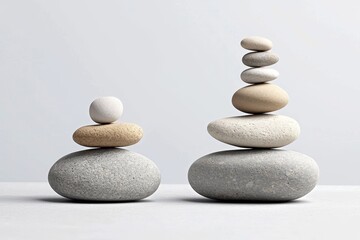 Balanced Stones Minimalist Zen Composition of Two Stone Stacks, Neutral Tones, White Background