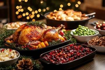 Christmas Feast Roasted Turkey, Festive Sides, Warm Lighting