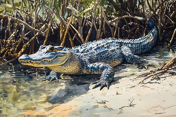 Fototapeta premium A Majestic American Alligator in its Mangrove Habitat A Stunning Watercolor Painting.