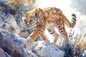 Obraz premium Majestic Bobcat Prowling on Rocky Outcrop, Watercolor Painting.