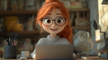 Happy girl working on laptop in home office.