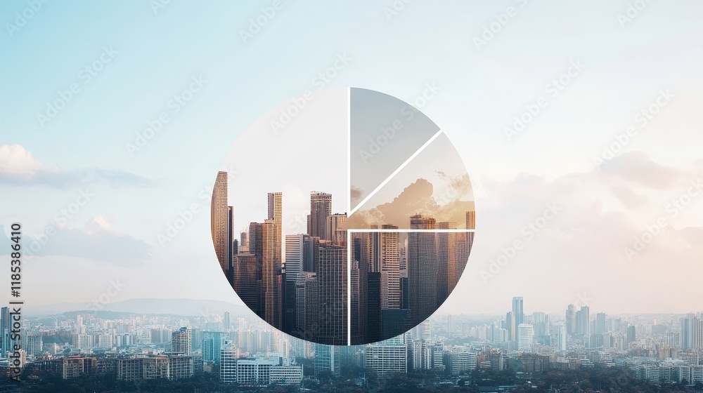 Poster urban skyline composition with circular graph element illustrating growth and progress in a modern c