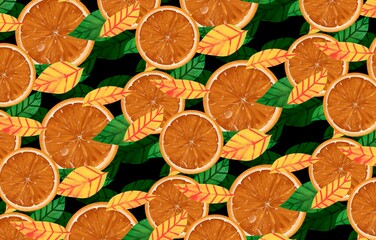 background of orange slices and leaf  tropical style design for surfaces 