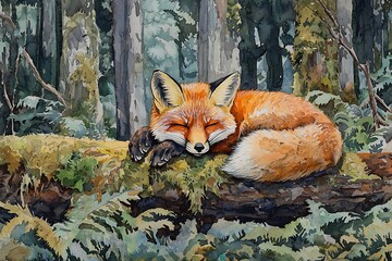 Fototapeta premium A watercolor painting of a red fox sleeping peacefully on a mossy log in a lush forest.