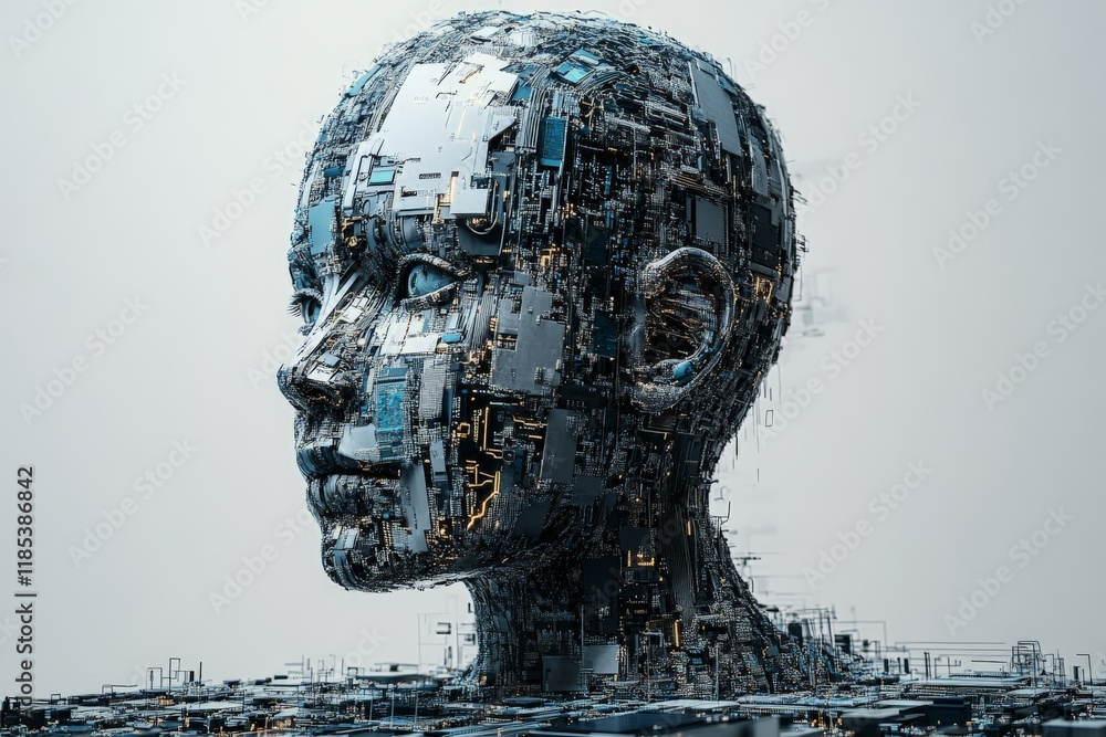 Poster abstract humanoid sculpture crafted entirely from fragmented electronic components, representing the
