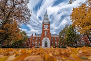 Autumn Scene with Clock Tower and Swirling Sky