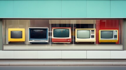 Collection of Vintage Television Sets in a Modern Display Showcasing Classic Design Aesthetics and Nostalgic Technology in a Trendy Urban Setting