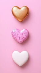 Fototapeta premium Indulge in love with three delightful heart-shaped donuts set against a sweet pink backdrop, perfect for celebrating Valentine's Day.