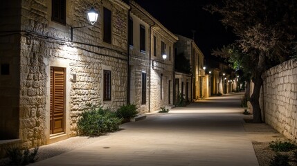 Fototapeta premium Night view of a quaint, stone-walled street with illuminated pathways.
