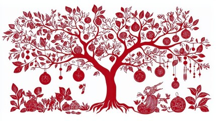 Celebrating prosperity papercut art of a red envelope tree with coins and ornaments cultural setting graphic illustration vibrant colors
