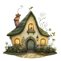 A charming, digitally painted illustration of a small, whimsical cottage surrounded by lush greenery and a stone pathway.