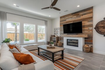 Modern living room with fireplace, wood wall, and large windows.
