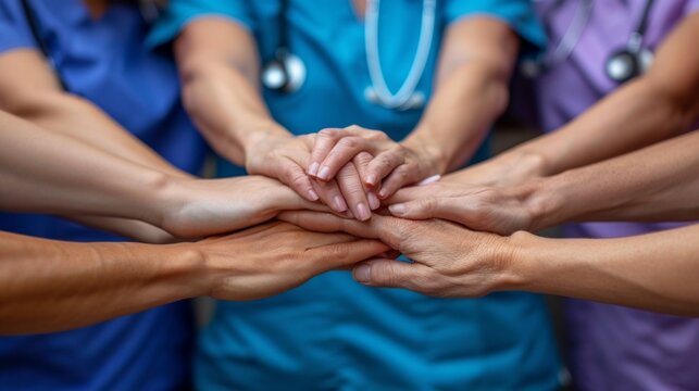 Close-up of hands stacked on top of each other, with a blurred background of blue and purple shirts. AI generative. .