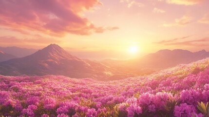 Naklejka premium A serene landscape at sunset with vibrant pink flowers and a distant mountain.