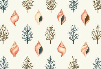 Delicate Repeat Pattern Featuring Seashells and Seaweed in a Soft Folk Art Style with Diamond Grids
