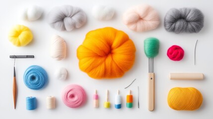 Colorful Crafting Materials with Soft Wool Bundles and Varied Threads for Creative Projects and Textile Arts in a Neat Flat Lay Arrangement