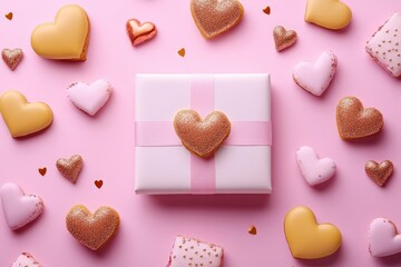 Fototapeta premium A charming gift box adorned with a delicate bow and playful hearts, set against a soft pink backdrop, radiating love and warmth for Valentine's Day.