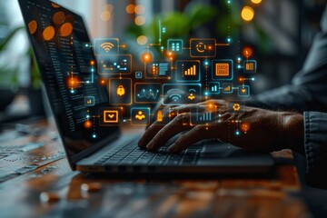 Hands typing on laptop with glowing icons floating above, representing SEO strategies. AI generative. .